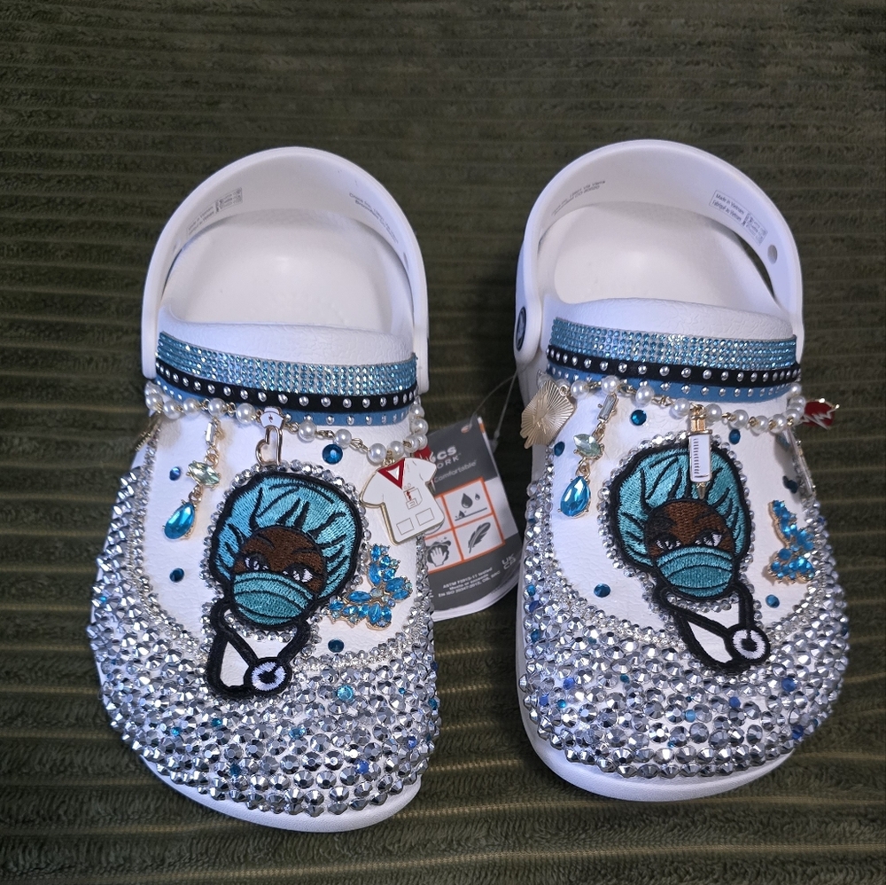 Women White,Blue,and Siver Embellished Clogs